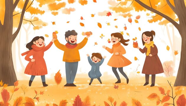 A group of people are playing in the park. There are five people in total, including a man and a child. They are all wearing warm clothes, and there are leaves scattered around them