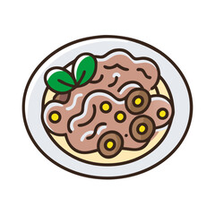 Stylized cartoon dish of pasta with mushrooms and sauce