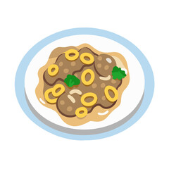 Whimsical cartoon dish with rings and greens on plate