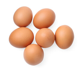 Many raw chicken eggs isolated on white, top view