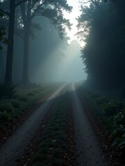Obraz premium A misty forest road with sunlight piercing through dense trees at dawn, creating an eerie atmosphere.
