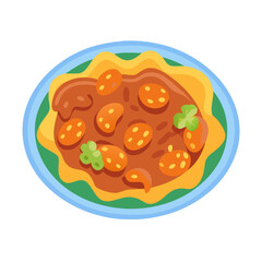 Cartoon style dish with brown stew and orange pieces
