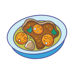 Cartoonish depiction of chicken and egg dish with gravy