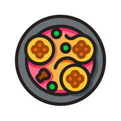 Stylized Food Illustration: Plate with dumplings, soup, and vegetables