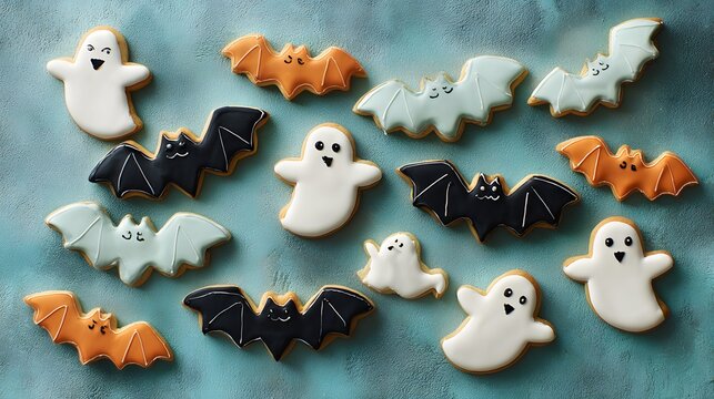 Halloween Cookies: Decorated ghost and bat shaped cookies in orange, black, white, and light blue icing.
