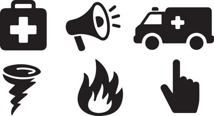 Emergency response icons set, black and white.