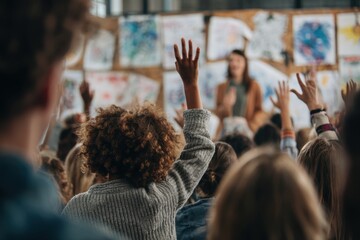 Asian student council election, diverse teens giving speeches, school hall, youth leadership