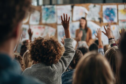 Asian student council election, diverse teens giving speeches, school hall, youth leadership