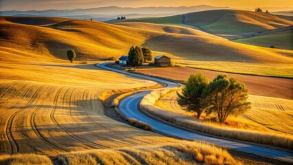 Fototapeta premium Serene Countryside Road Winding Through Golden Fields at Sunset, Past Humble Farm Structures and Solitary Trees