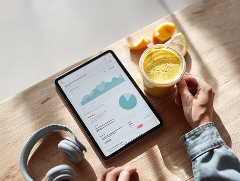 Work from home wellness. Digital tablet displaying analytics next to drink and headphones. Concept for productivity, health, business growth, remote work, lifestyle.