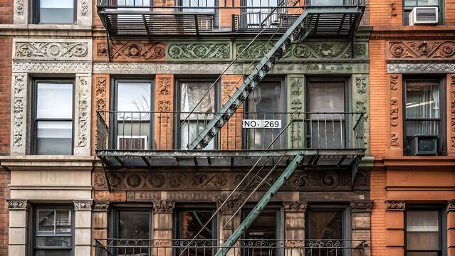 A closeup of a building facade with a fire escape in a city - Powered by Adobe