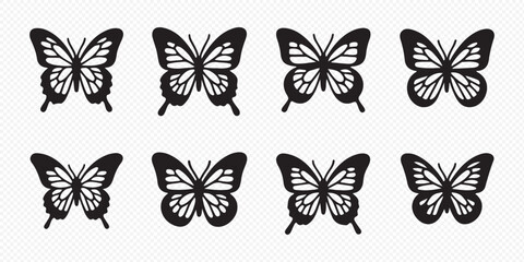 Naklejka premium Butterfly icon set—vector silhouettes of six distinct black butterflies for decorative design, nature themes, and educational use