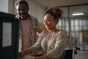 Disabled Black woman voting with assistance in accessible booth, helper supporting gently, empowerment and civic participation