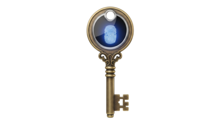 Unlocking security a golden key with fingerprint scan for access control and digital identity verification on transparent background