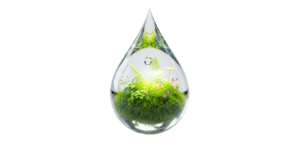 Terrarium teardrop glass container with green moss and plants indoor nature decor design idea concept on transparent background