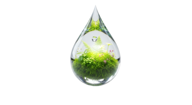 Terrarium teardrop glass container with green moss and plants indoor nature decor design idea concept on transparent background - Powered by Adobe