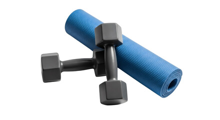 Fitness equipment dumbbell and yoga mat for exercise and workout at home or gym training concept on transparent background