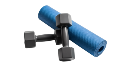 Fitness equipment dumbbell and yoga mat for exercise and workout at home or gym training concept on transparent background