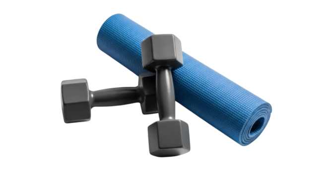 Fitness equipment dumbbell and yoga mat for exercise and workout at home or gym training concept on transparent background