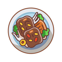 Illustration of meat cubes on a plate with salad