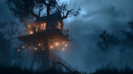 Obraz premium Whimsical treehouse glows amidst a dense forest. Fairy lights illuminate a cozy scene under cloudy skies.