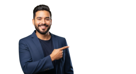 Smiling man in suit pointing to the side for advertisement or presentation template, isolated background on transparent background