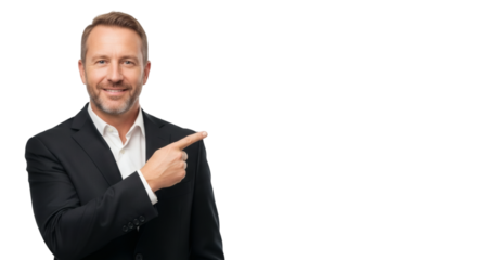 Businessman pointing direction presentation professional executive corporate leader suit 100 on transparent background