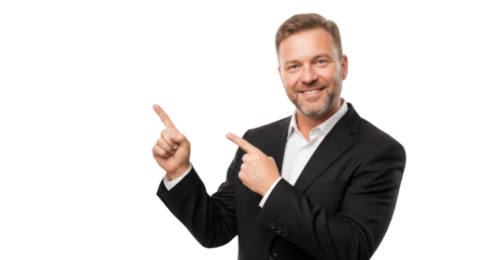 Smiling businessman in suit pointing showing direction presenting offer or product recommendation isolated on transparent background