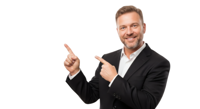 Smiling businessman in suit pointing showing direction presenting offer or product recommendation isolated on transparent background