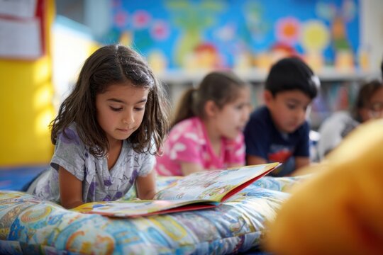 Hispanic children reading bilingual books in colorful library corner, cultural symbols
