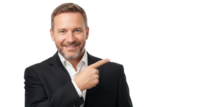 Man in suit pointing right for business presentation and marketing advertisement professional portrait image on transparent background