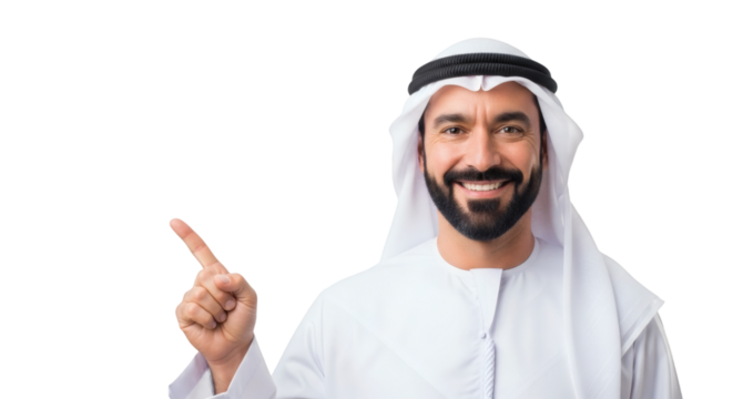 Arabian businessman pointing to the left wearing traditional clothing for business and presentation use on transparent background