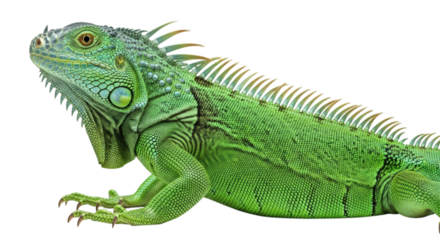 A captivating close up of a vibrant green iguana reptile basking in the sunlight on a black background on transparent background
