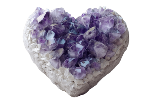 Amethyst Crystals Heart Shaped Geode Cut Out on White Background