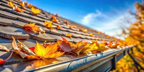 Autumn Leaves Clogging Home Gutter System on a Sunny Day