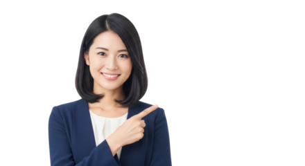 Asian business woman pointing presentation professional executive businesswoman portrait smiling happy female marketing on transparent background