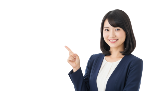 Business woman pointing presentation professional corporate asian female executive smiling success job offer on transparent background