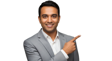Professional business man pointing to the right side in a gray suit on a black background image stock photo on transparent background
