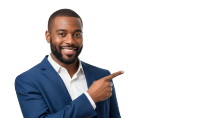 Man pointing presentation businessman professional corporate suit marketing advertisement space here on transparent background