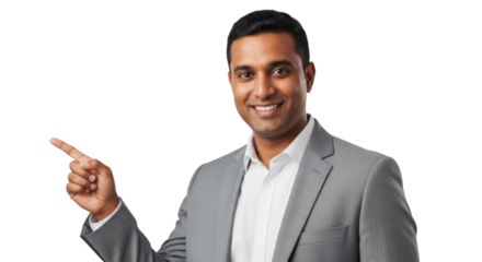 Businessman pointing to side presentation concept for marketing and advertising professional image on transparent background