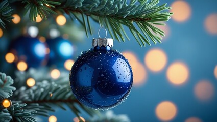 Blue Christmas bauble on pine branch with holiday lights and festive bokeh background, elegant winter decoration scene, AI-Generated
