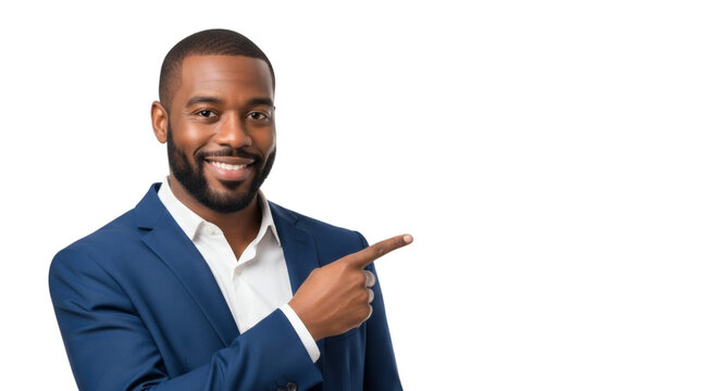 Man pointing presentation businessman professional corporate suit marketing advertisement space here on transparent background