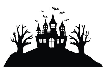 Isolated illustration silhouette of a Halloween castle on a hill with two dead trees and bats flying around for Halloween template, image accessories, and Halloween ad