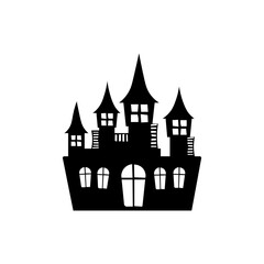 Obraz premium Isolated illustration silhouette cartoon of a Halloween castle on a hill for Halloween template, image accessories, and Halloween ad