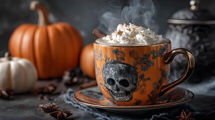 Fototapeta premium A decorative Halloween-themed mug filled with a hot, creamy beverage, topped with whipped cream and cinnamon.