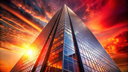 Fiery Sunset Illuminates Modern Skyscraper's Glass Facade, Reflecting Vibrant Hues of Twilight