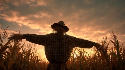 Scarecrow standing guard in a field of corn at sunset with a cloudy sky adding a warm orange glow.