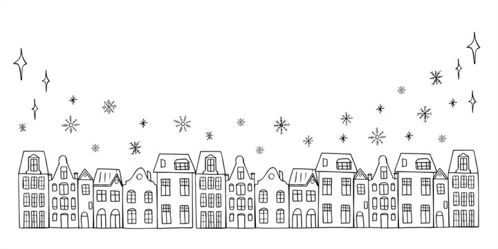 Winter old street with houses in Amsterdam style and falling snowflakes vector frame painted by black inks. Christmas European buildings graphic sketch. Horizontal border with empty space for text