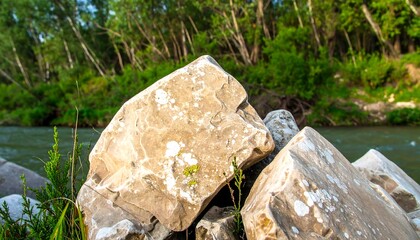 A close-up view of large, light-beige rocks nestled along a tranquil riverbank, surrounded by lush green foliage.