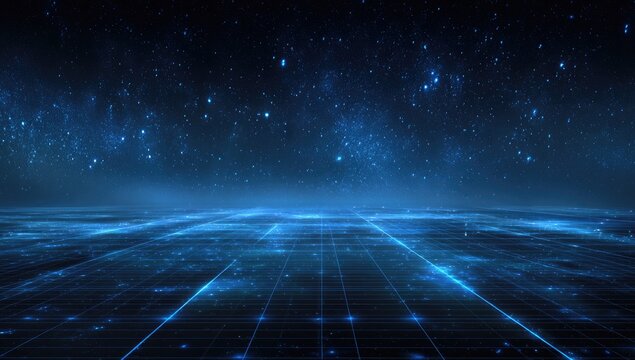 Futuristic, digital grid landscape under a starry night sky